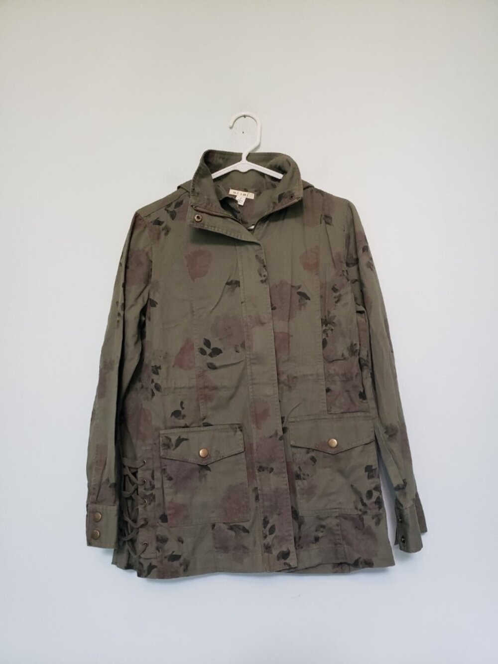 Mi ami Women S Hooded Utility Jacket Green Floral Gorpcore Full Zip 100% Cotton
